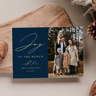 Modern Joy to the World Navy Photo Foil Holiday Card