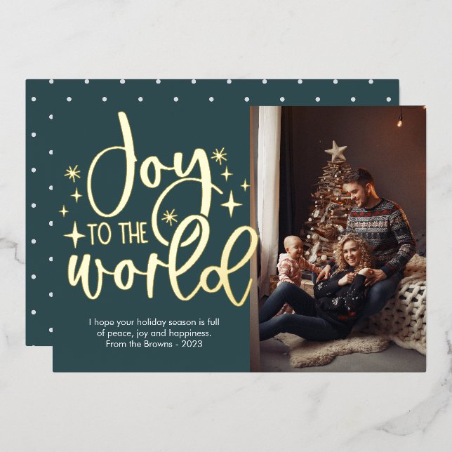 Modern Joy To The World Photo Foil Holiday Card (Front/Back)