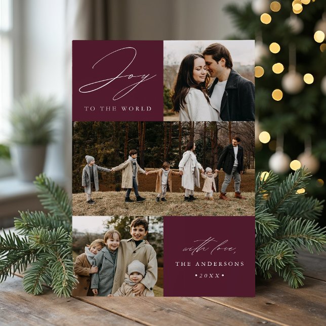 Modern Joy to the World Plum Purple 4 Photo Holiday Card (Creator Uploaded)
