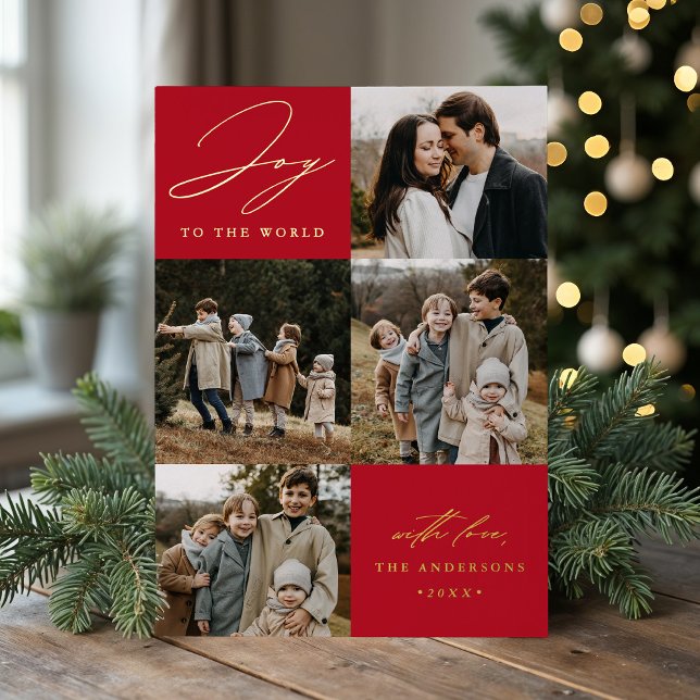 Modern Joy to the World Red 5 Photo Foil Holiday Card (Creator Uploaded)
