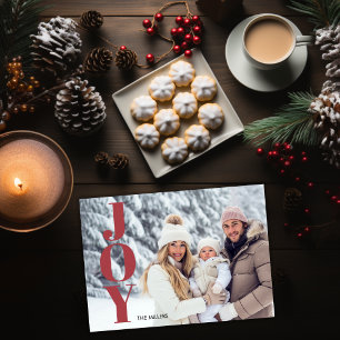 Modern Joy Typography Minimal 1 Photo Tartan Plaid Holiday Card