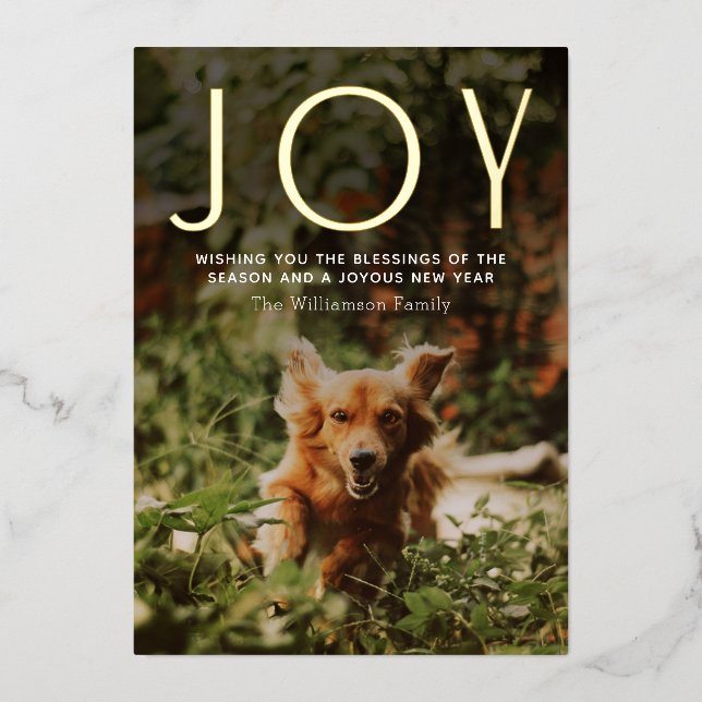 Modern JOY Typography Photo Christmas  Foil Holiday Card (Front)