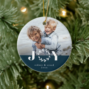Modern Joy wreath Photo Holiday Christmas Ceramic Tree Decoration