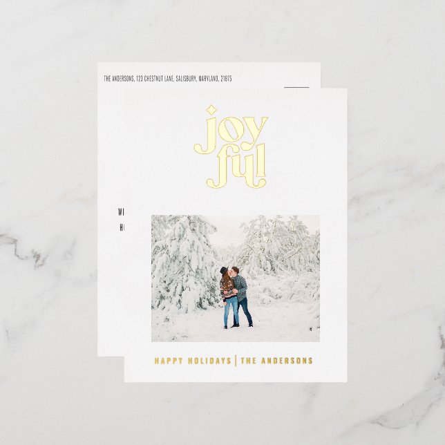 modern joyful 1 photo  foil holiday postcard (Front/Back)