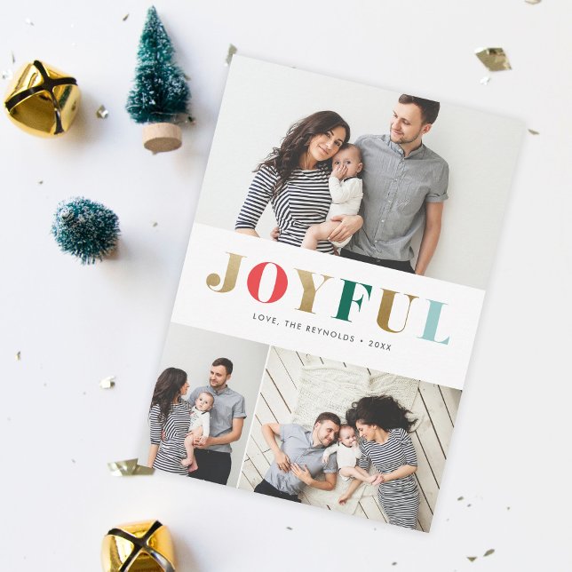 Modern Joyful 3 Photo Collage Christmas Holiday Card (Creator Uploaded)