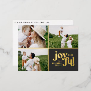 modern joyful 3 photo  foil holiday postcard
