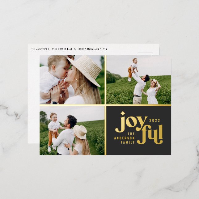 modern joyful 3 photo  foil holiday postcard (Front/Back)