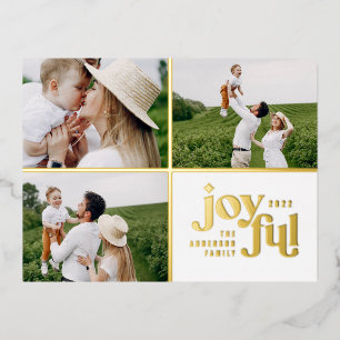 modern joyful 3 photo foil holiday postcard