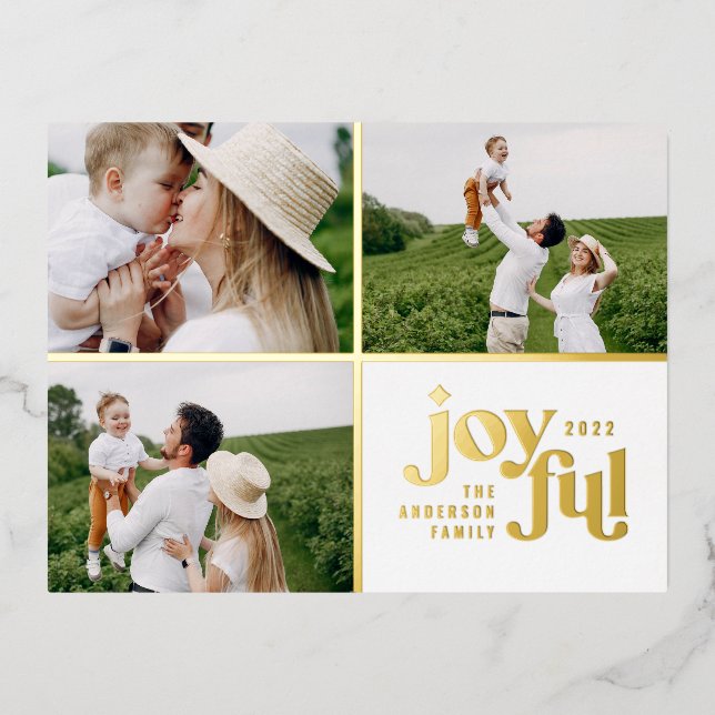 modern joyful 3 photo  foil holiday postcard (Front)
