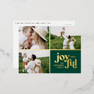 modern joyful 3 photo foil holiday postcard