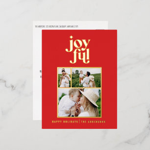 modern joyful 3 photo  foil holiday postcard