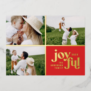 modern joyful 3 photo  foil holiday postcard
