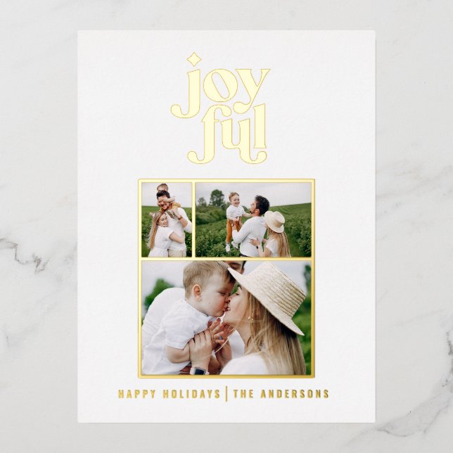 modern joyful 3 photo  foil holiday postcard (Front)