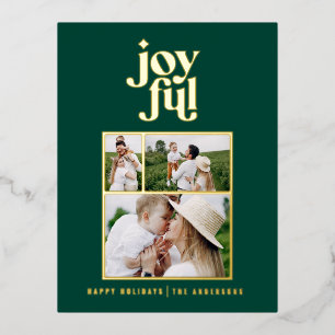 modern joyful 3 photo foil holiday postcard