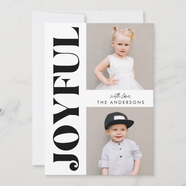 Modern Joyful Black and White Christmas 4 Photo Holiday Card (Front)