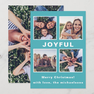 Modern Joyful Christmas Blue Photo Collage Holiday Card