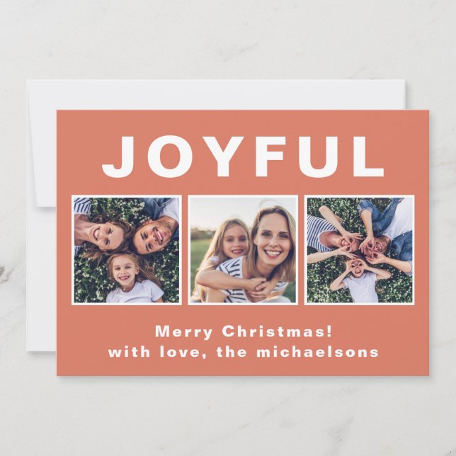 Modern Joyful Christmas Coral Photo Collage Holiday Card (Front)