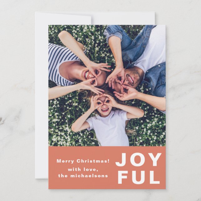 Modern Joyful Christmas Orange Coral Two Photo Holiday Card (Front)