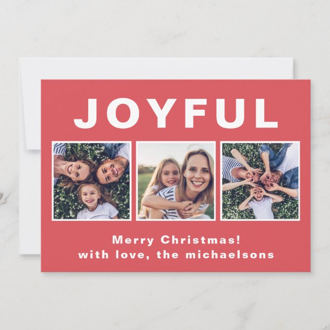 Modern Joyful Christmas Red Photo Collage Holiday Card (Front)