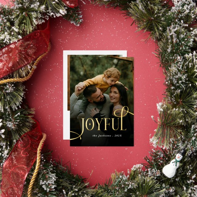 Modern Joyful Family 2 Photo Christmas  Foil Holiday Card (Insitu)