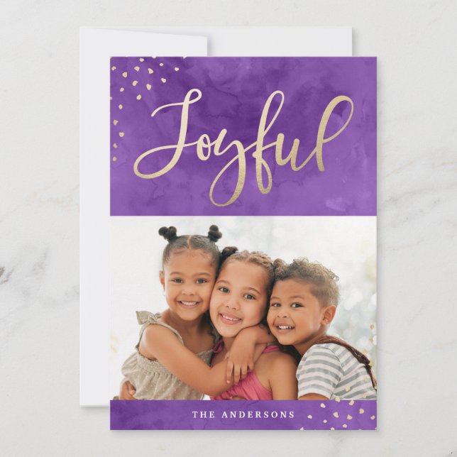Modern Joyful Gold Purple Watercolor Photo Holiday Card (Front)