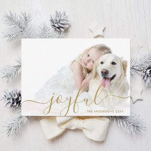Modern Joyful Gold Script Holiday Photo Card