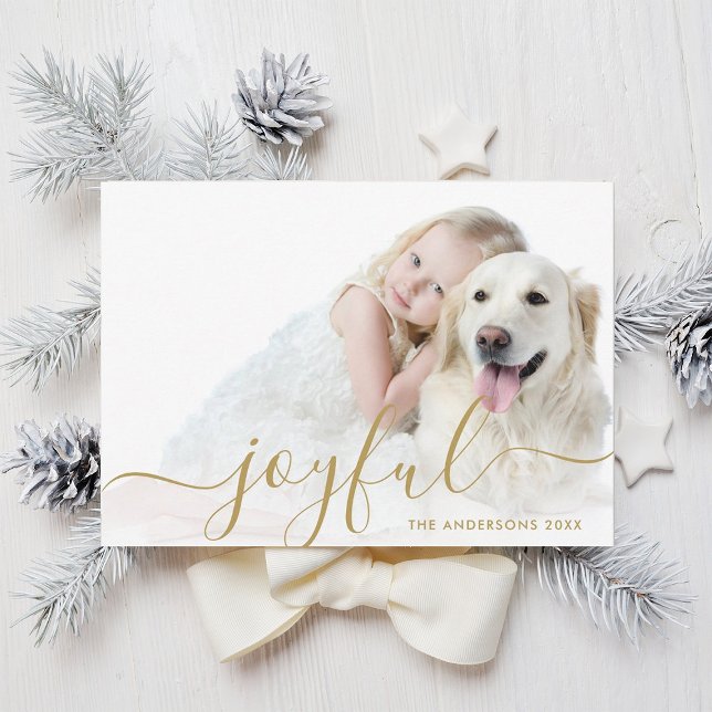 Modern Joyful Gold Script Holiday Photo Card (Creator Uploaded)