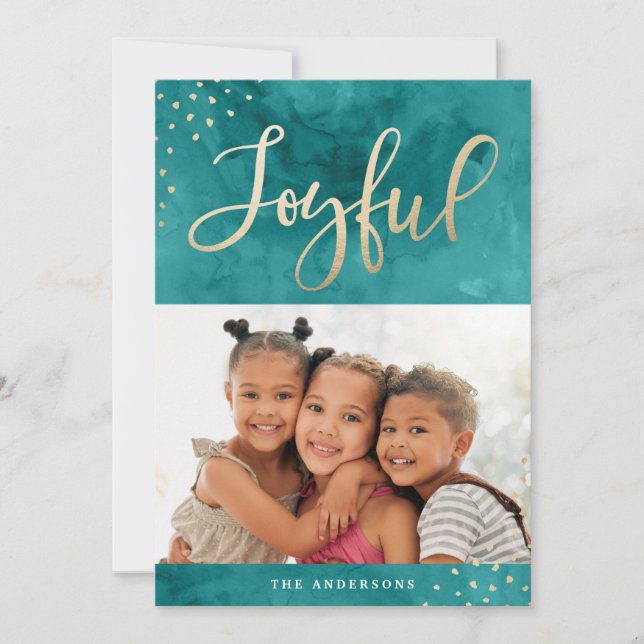 Modern Joyful Gold Teal Watercolor Photo Holiday Card (Front)