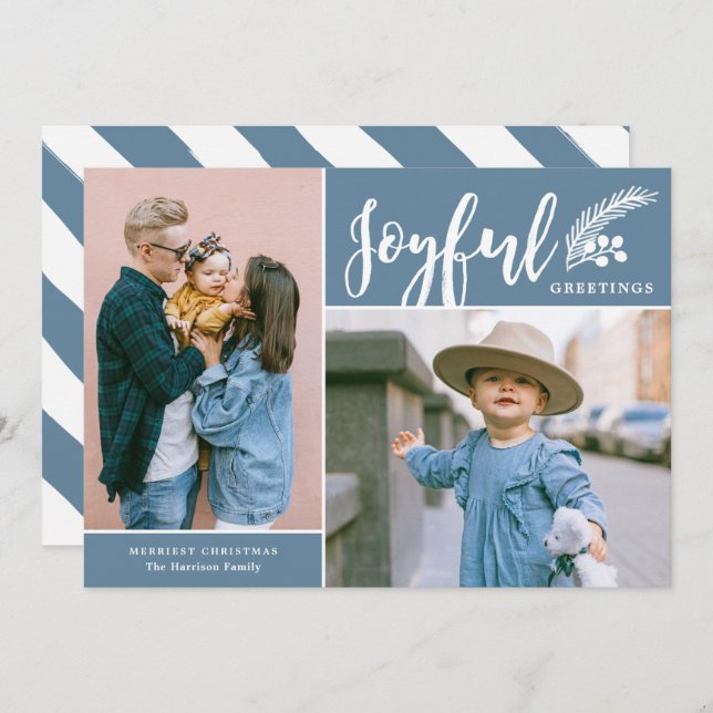 Modern Joyful Greetings Two Photo Blue Holiday Card (Front/Back)