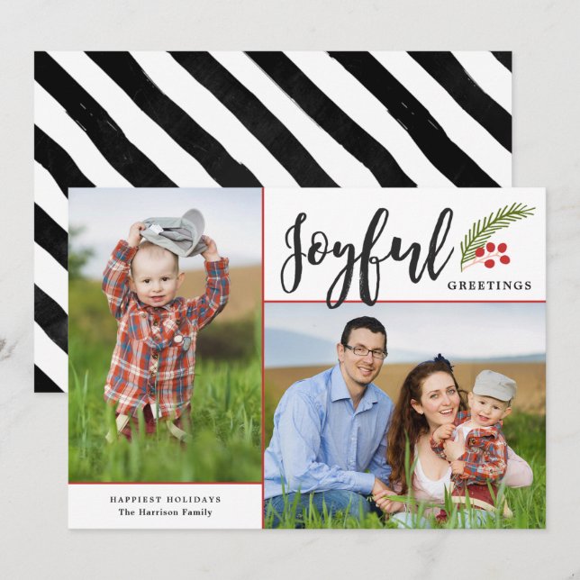 Modern Joyful Greetings Two Photo White Holiday Card (Front/Back)