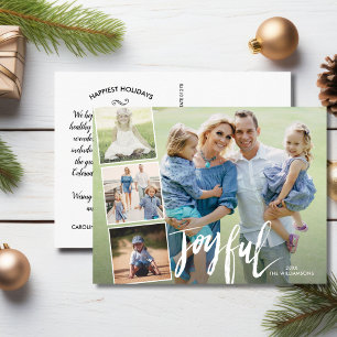 Modern Joyful Hand Lettered Holiday Photo Collage Postcard
