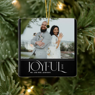 Modern Joyful Married Newlywed Merry Christmas Ceramic Ornament