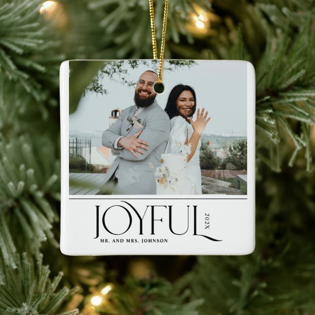 Modern Joyful Married Newlywed Merry Christmas Ceramic Ornament (Tree)