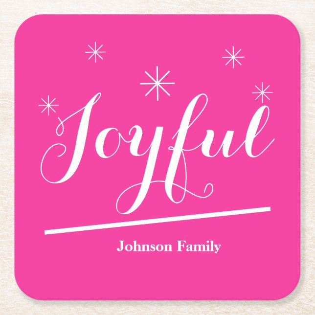 Modern Joyful Personalised Name Cute Chic Pink Square Paper Coaster (Front)
