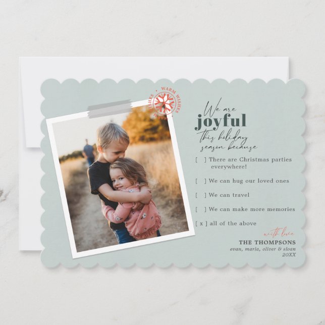Modern Joyful Reasons Green Photo Holiday Card (Front)