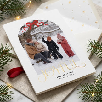Modern Joyful Red Bow Family Arch Photo Christmas Foil Holiday Card