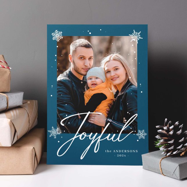 Modern Joyful Script Blue Winter Snowflakes Photo Holiday Card (Creator Uploaded)