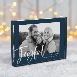 Modern Joyful Script Navy Holiday Photo Block