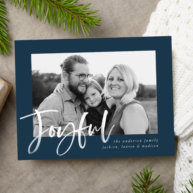 Modern Joyful Script Navy Holiday Photo Postcard (Creator Uploaded)