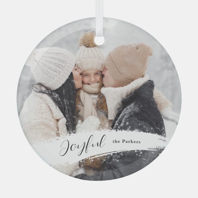 Modern Joyful Script with Snowy Brushstroke Photo Glass Tree Decoration (Front)