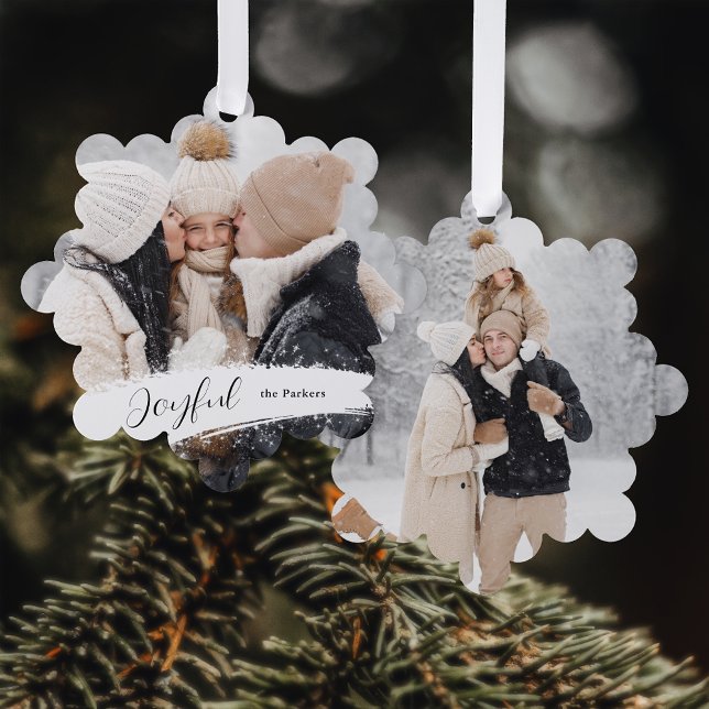 Modern Joyful Script with Snowy Brushstroke Photo Tree Decoration Card (Creator Uploaded)