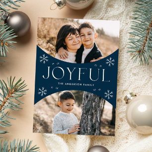 Modern Joyful Snowflake Navy Oval Arch 2 Photo Holiday Card