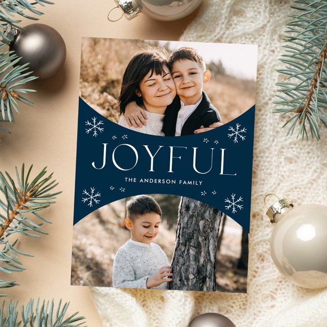 Modern Joyful Snowflake Navy Oval Arch 2 Photo Holiday Card (Creator Uploaded)