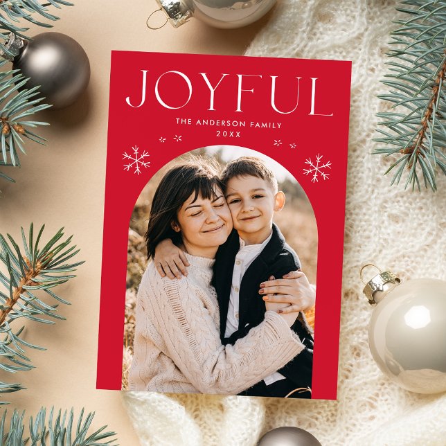 Modern Joyful Snowflake Red Arch Photo Holiday Card (Creator Uploaded)