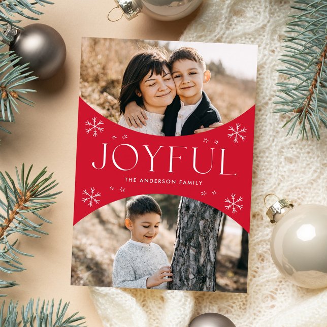 Modern Joyful Snowflake Red Oval Arch 2 Photo Holiday Card (Creator Uploaded)