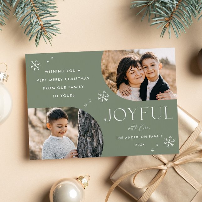 Modern Joyful Snowflake Sage Green Arch 2 Photo Holiday Card (Creator Uploaded)