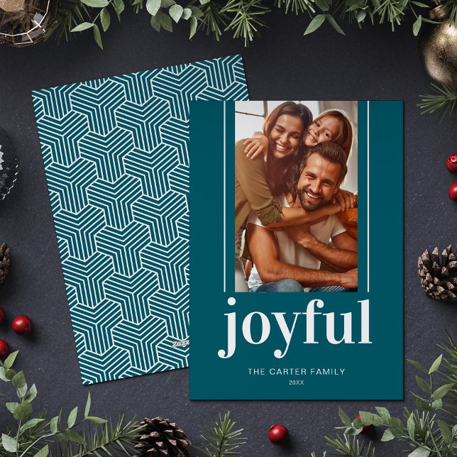 Modern Joyful Teal Photo Holiday Christmas Cards (Creator Uploaded)