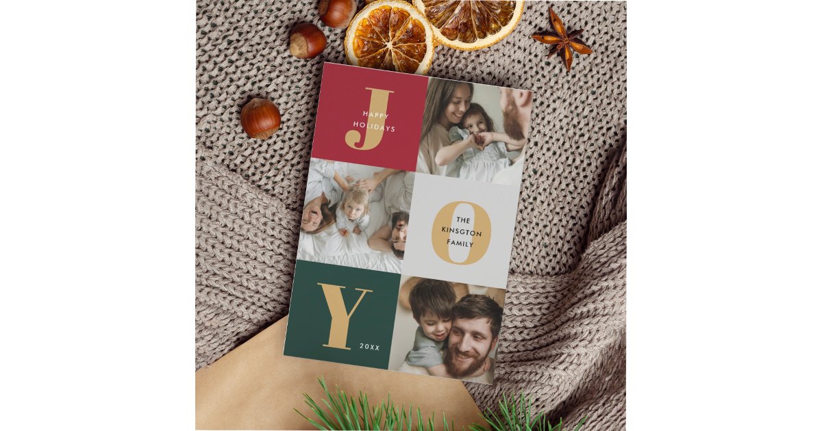 Modern Joyful Trio Photo Collage Red Green Holiday Card | Zazzle