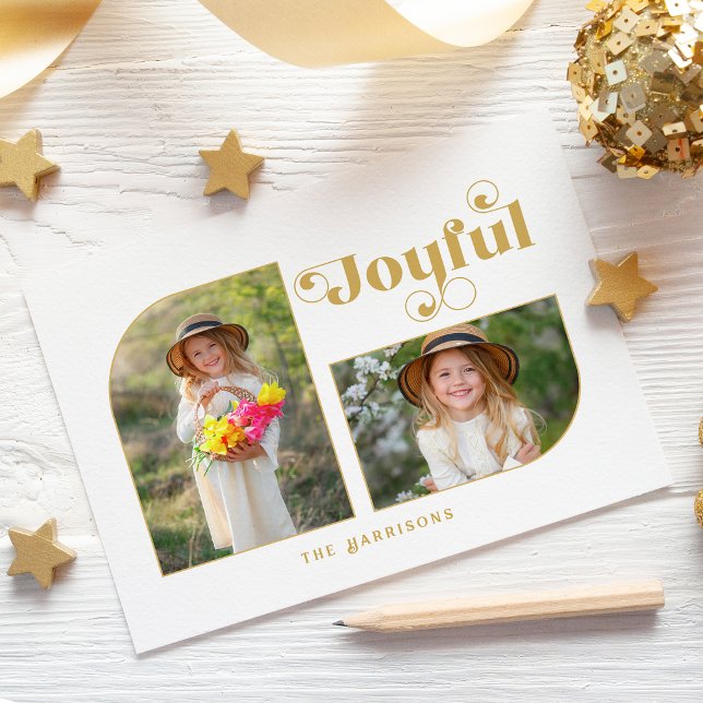 Modern Joyful Typography Half Arch 2-Photo Holiday Postcard (Creator Uploaded)