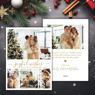 Modern Joyful Wishes Gold Script 4 Photo Christmas Holiday Card